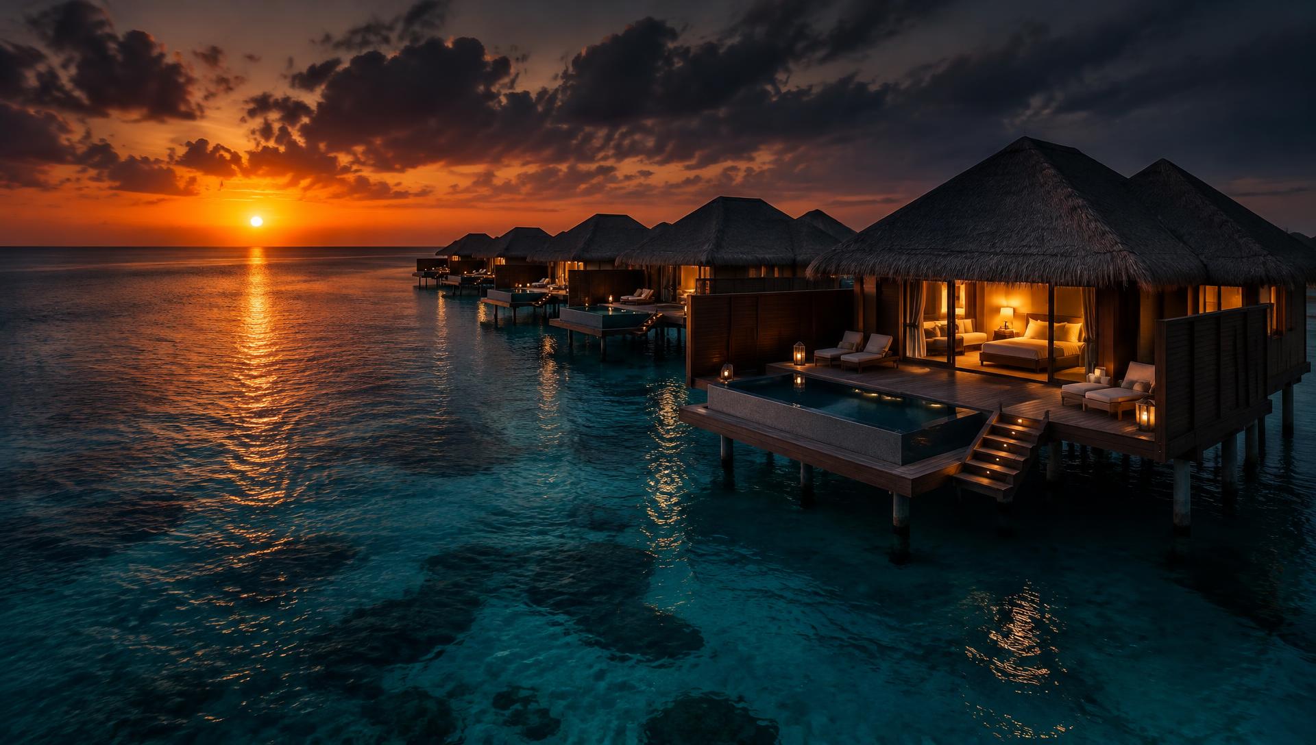 Overwater villas at sunset